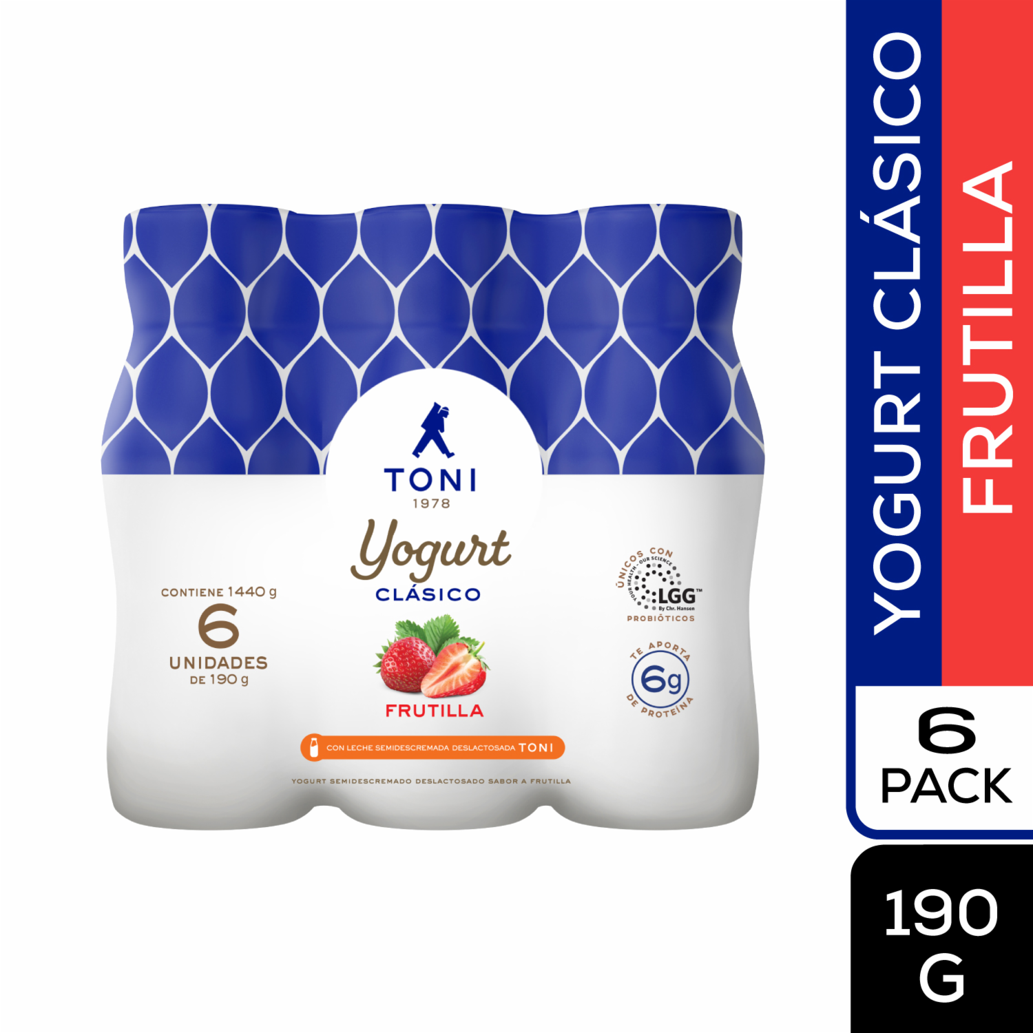 Yogurt Semidescremado Deslactosado Clásico Sabor A Frutilla TONI 6 Uds X 190 G