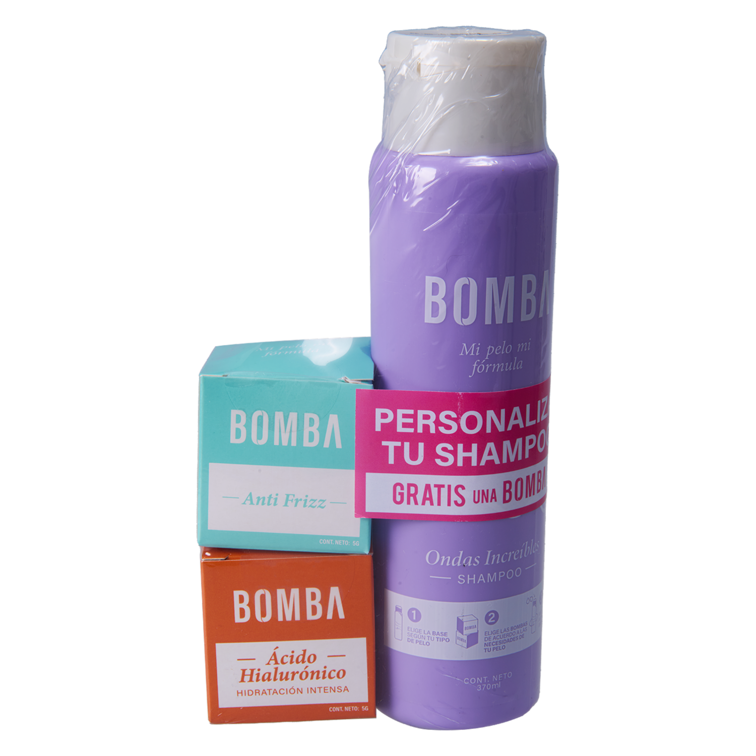 Kit Capilar Bomba Mix Shampoo Ondas Increíble+Bomba Control Caída+Bomba Anti Friz BOMBA 370 Ml