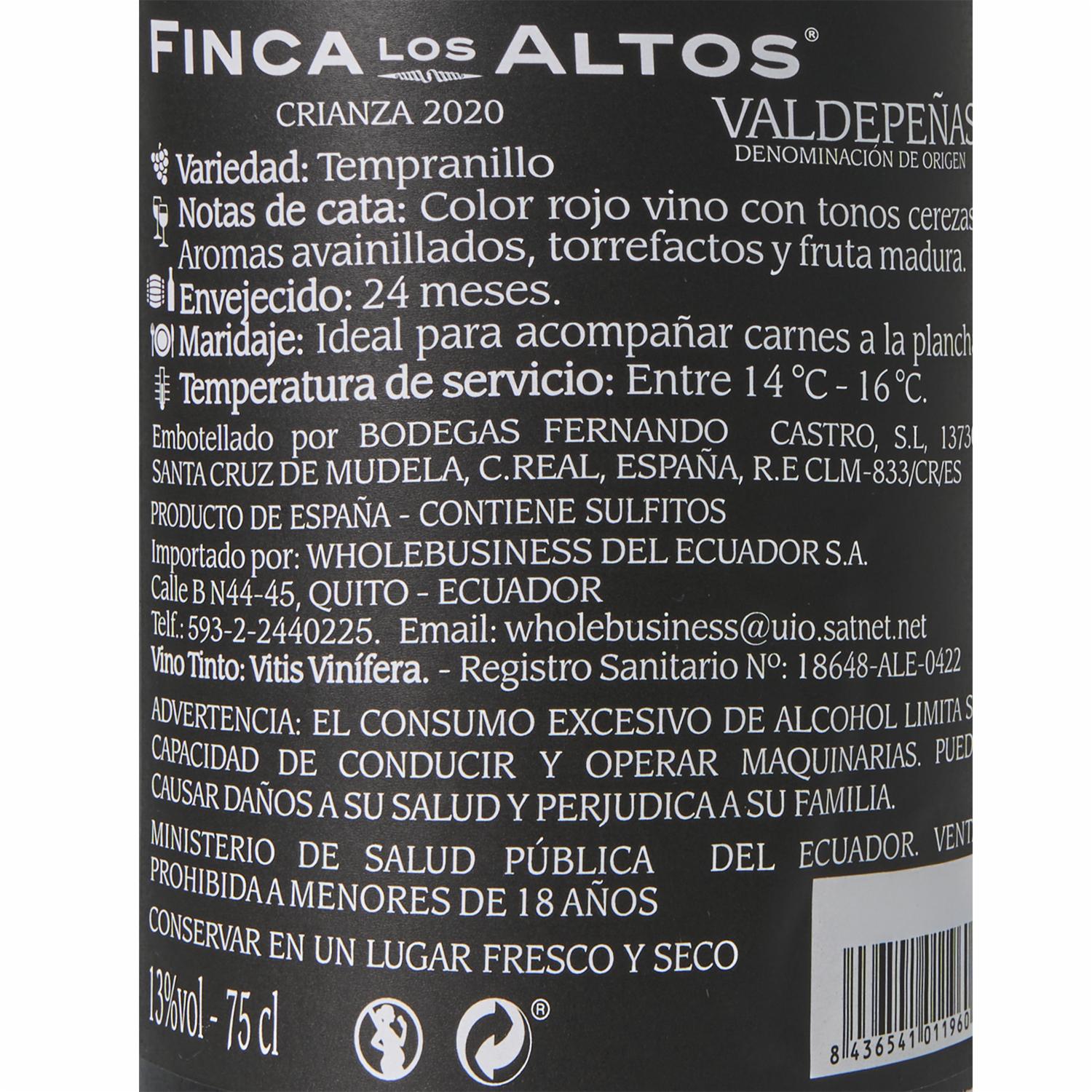 Vino Tinto Crianza 2020 Finca Los Altos 750 Ml