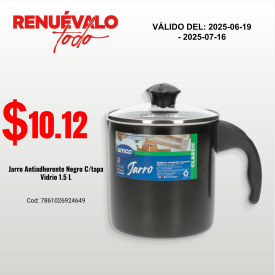 Jarro Antiadherente Negro C/tapa Vidrio 1.5 L