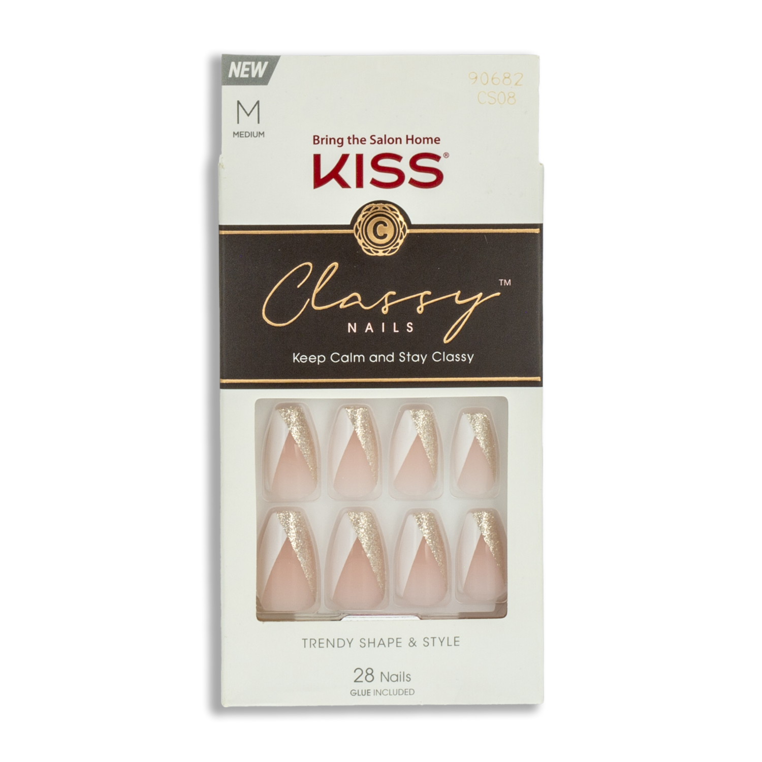 Uñas Postizas Medianas Classy Diseño Francés Con Brillos KISS X 28 Uds