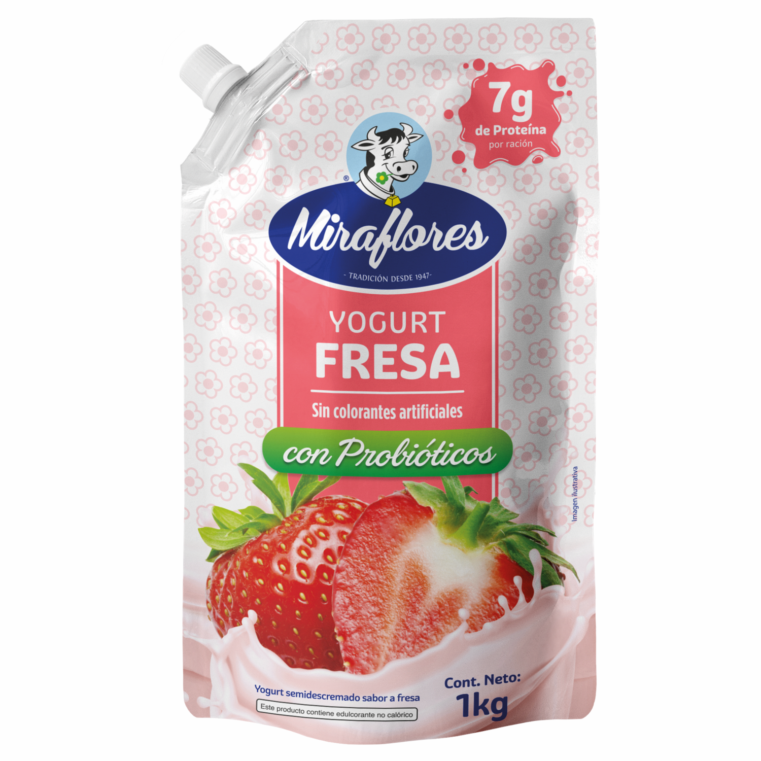 Yogurt Bebible Sabor A Fresa Sin Colorantes Con Probióticos MIRAFLORES Doypack 1 Kg