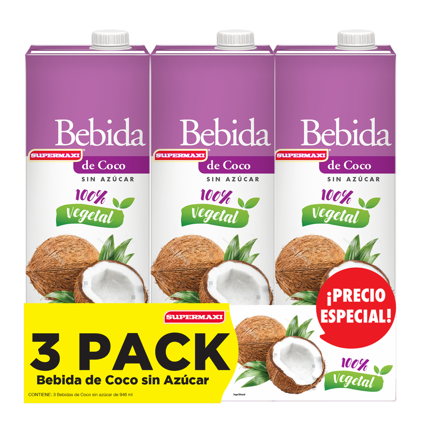 Bebida De Coco Sin Azúcar SUPERMAXI 3 X 946 ml