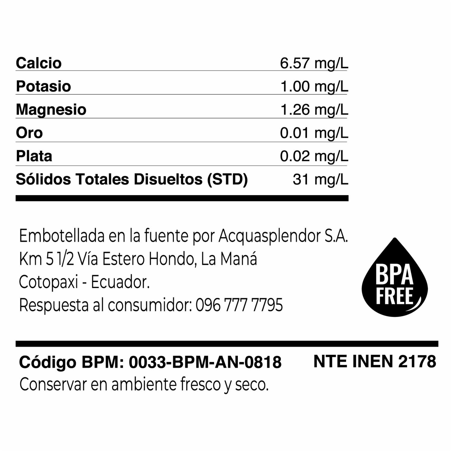 Agua Sin Gas Mineral Natural Artesiana SPLENDOR 250 Ml