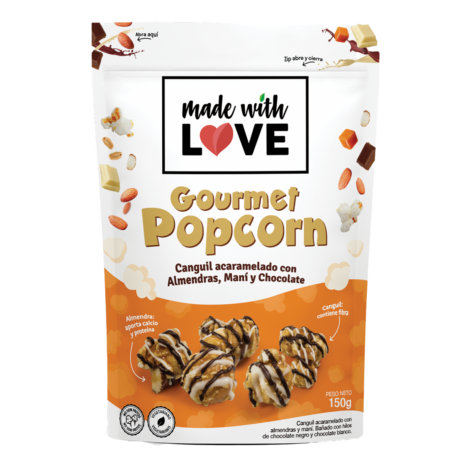 Canguil Acaramelado Con Almendras, Maní Y Chocolate Gourmet Popcorn MADE WITH LOVE 150 G