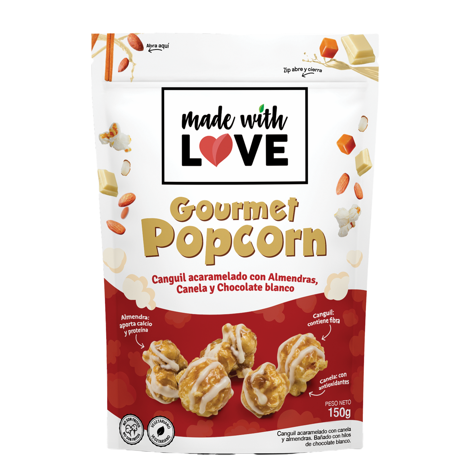 Canguil Acaramelado Con Almendras, Canela Y Chocolate Blanco Gourmet Popcorn MADE WITH LOVE 150 G