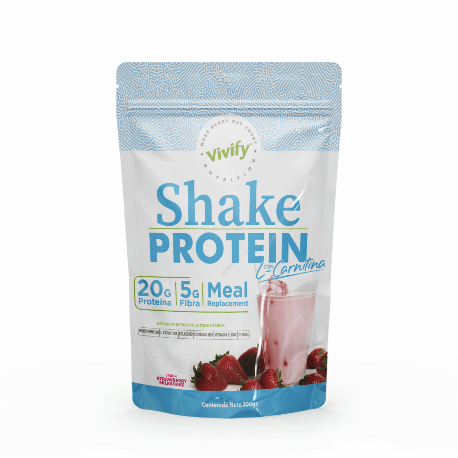 Shake Protein Con L-Carnitina Sabor A Fresa VIVIFY 300 G