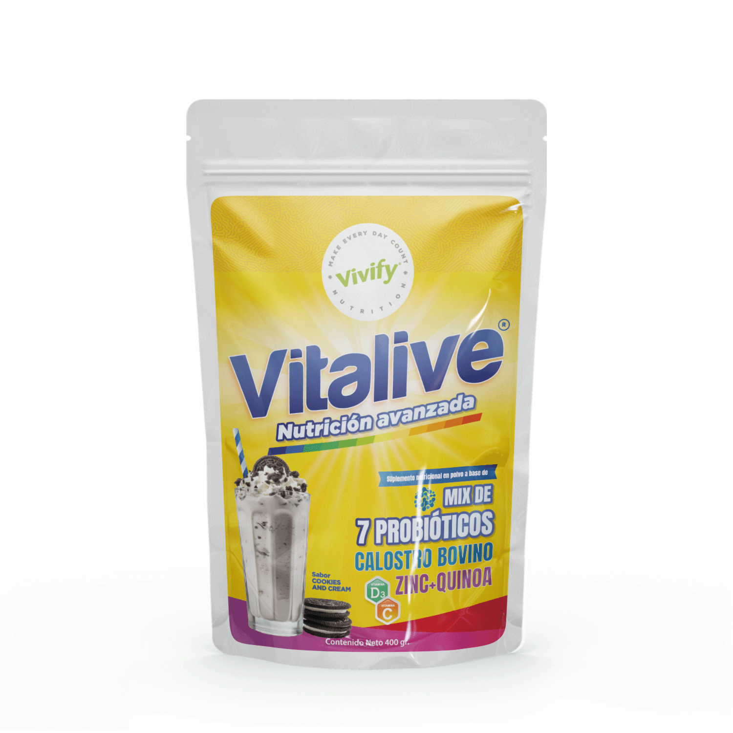 Suplemento Nutricional A Base De Calostro Sabor A Cookies & Cream VIVIFY 400 G