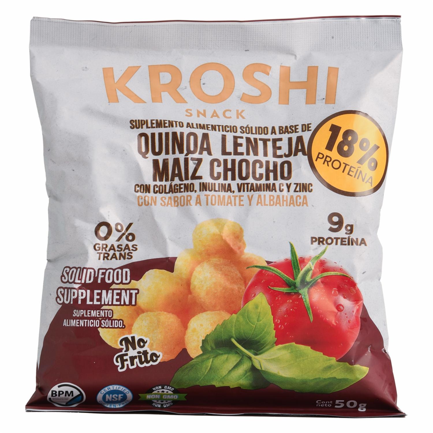 Snack Nutritivo Quinoa Lenteja Maíz Y Chocho Sabor A Tomate Y Albahaca KROSHI 50 G