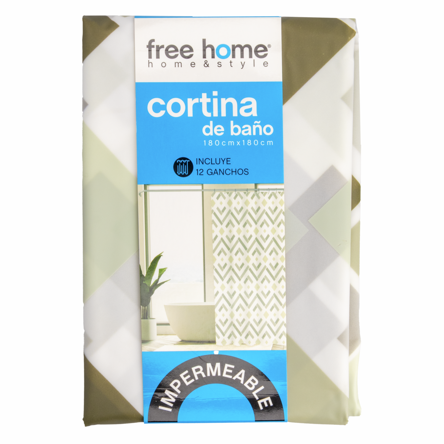 Cortina De Baño Rombos Verde Oliva FREE HOME 180X180 CM