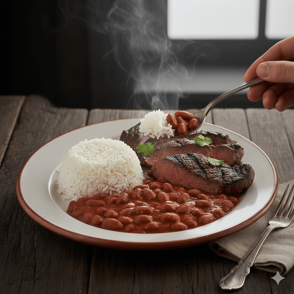 Arroz con menestra y carne asada