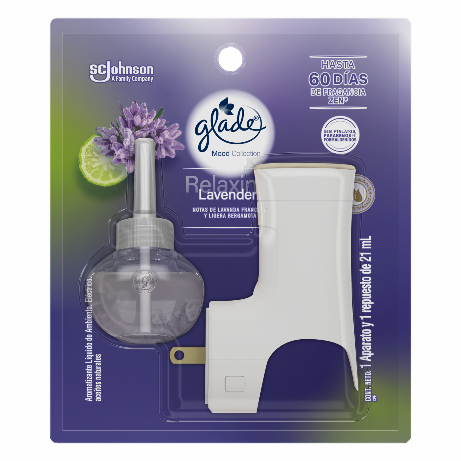Aromatizante de Ambiente En Aceite Con Aparato Eléctrico Fragancia Lavanda Relajante GLADE 21 Ml