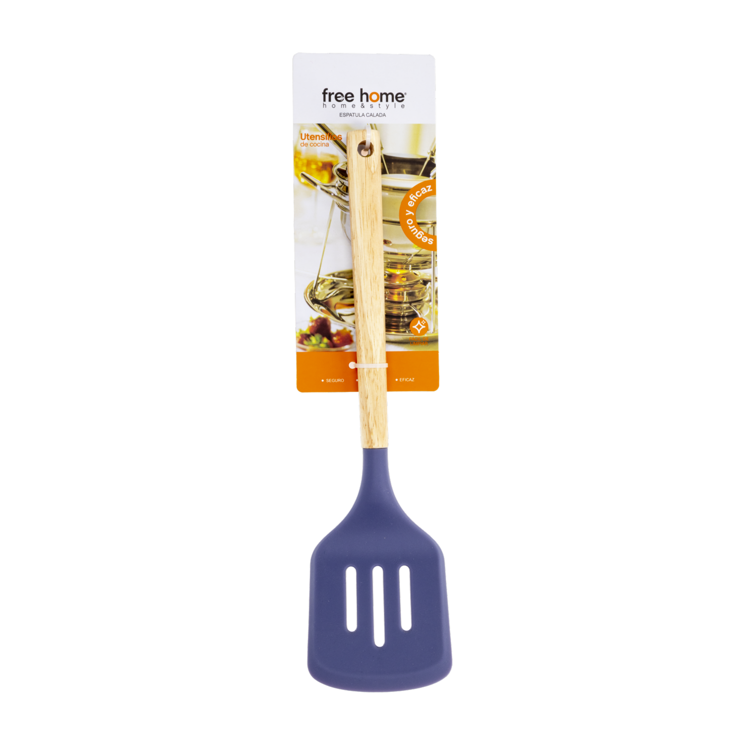 Espátula Calada Silicona Azul Mango De Madera FREE HOME 1  Pieza