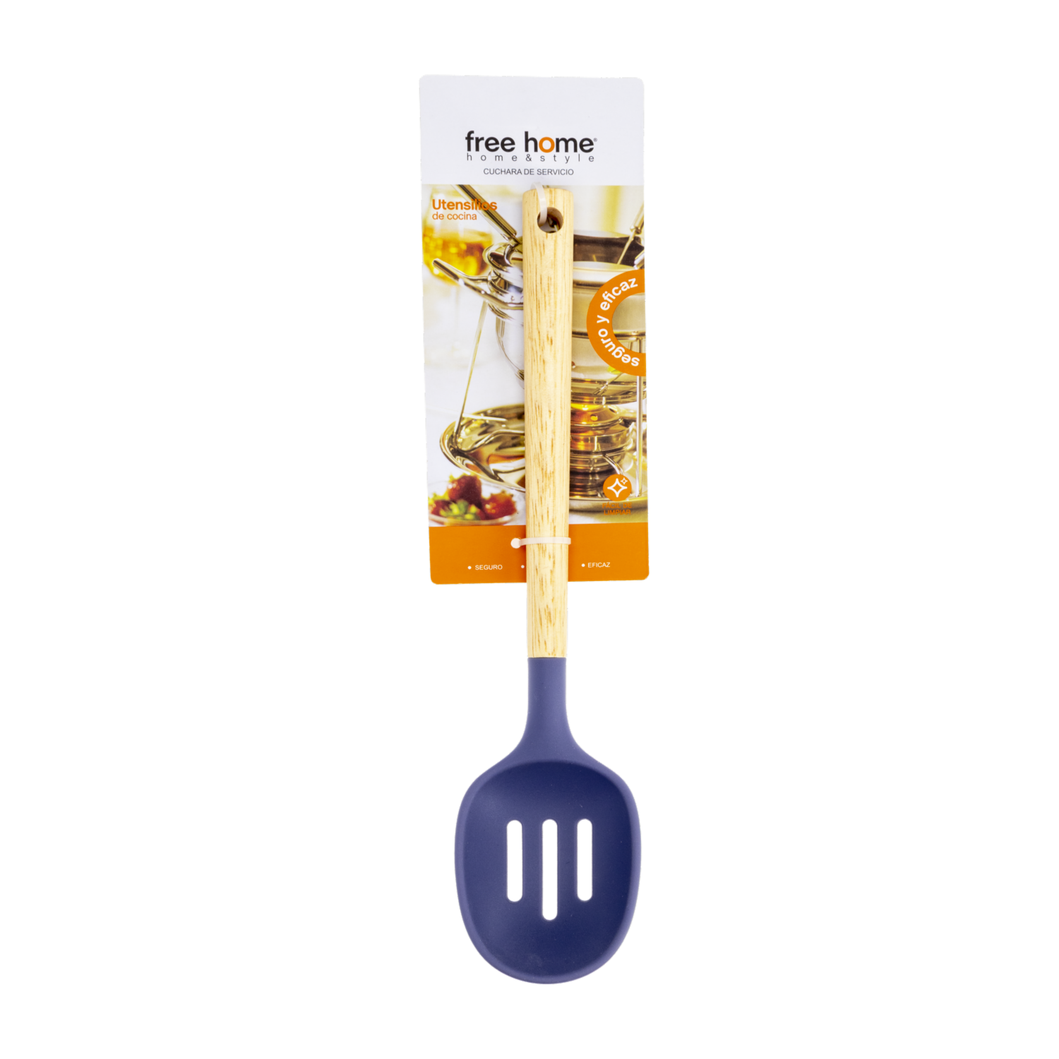 Cuchara Calada Silicona Azul Mango De Madera FREE HOME 1  Pieza