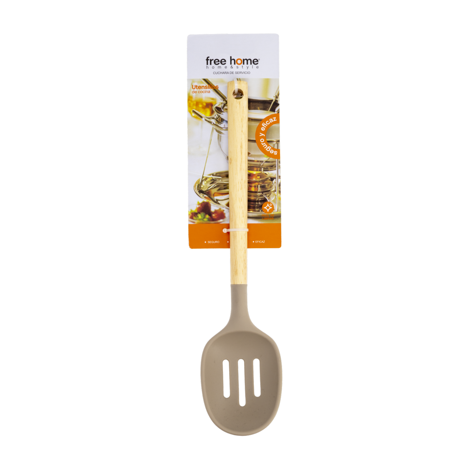 Cuchara Calada Silicona Azul Mango De Madera FREE HOME 1  Pieza