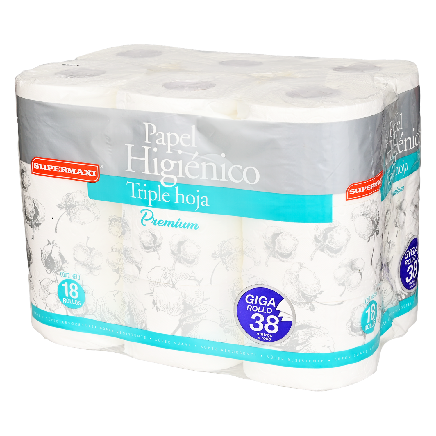 Papel Higiénico Premium Triple Hoja 38M SUPERMAXI 18 Rollos