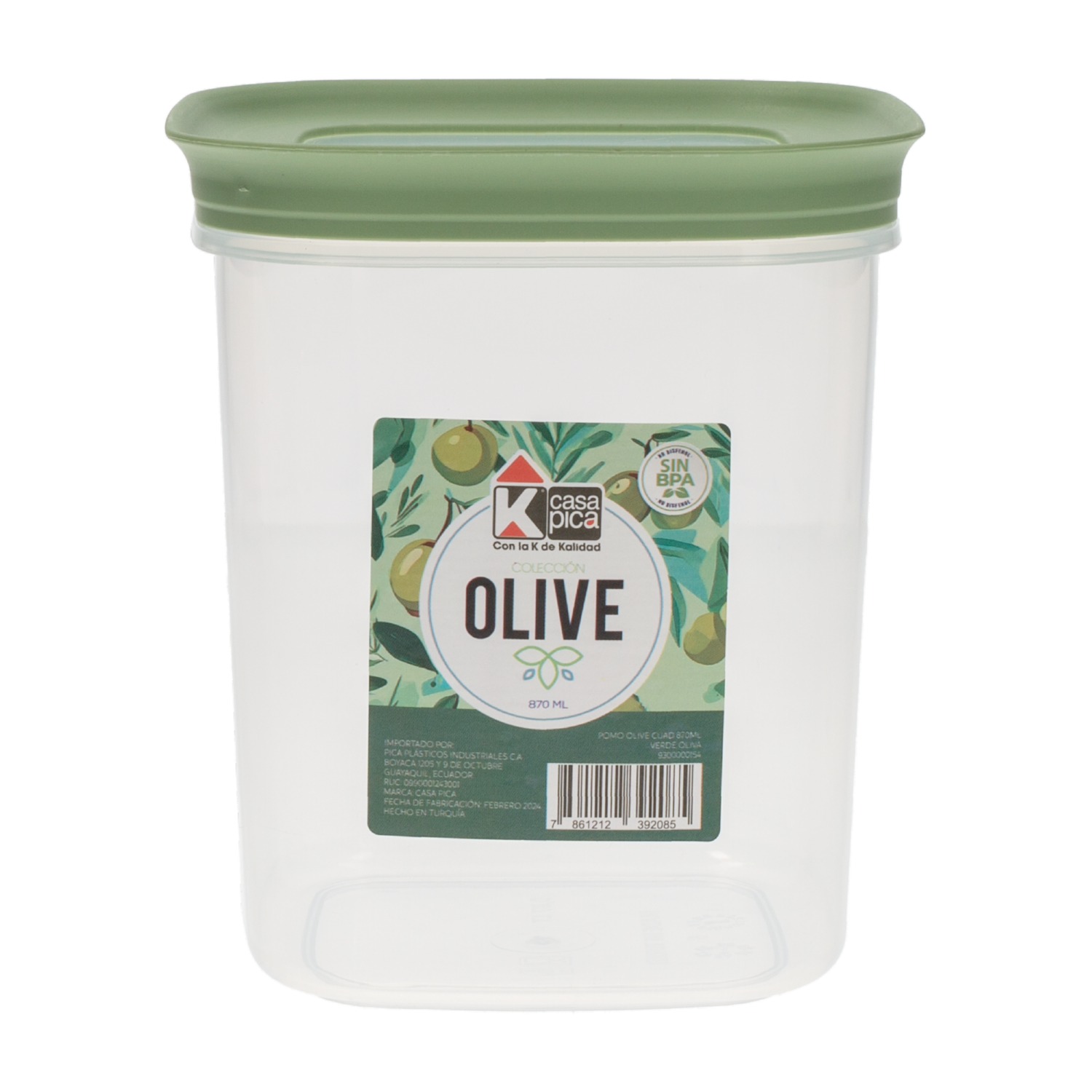 Frasco Pomo Cuadrado Línea Olive Verde CASA PICA Unidad