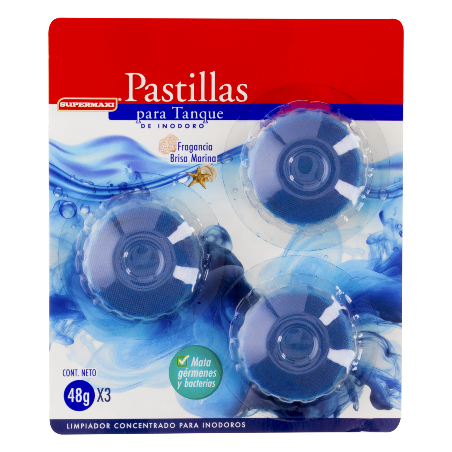 Pastilla Limpiadora Desinfectante De Inodoro Fragancia Brisa Marina SUPERMAXI 3 X 48 G