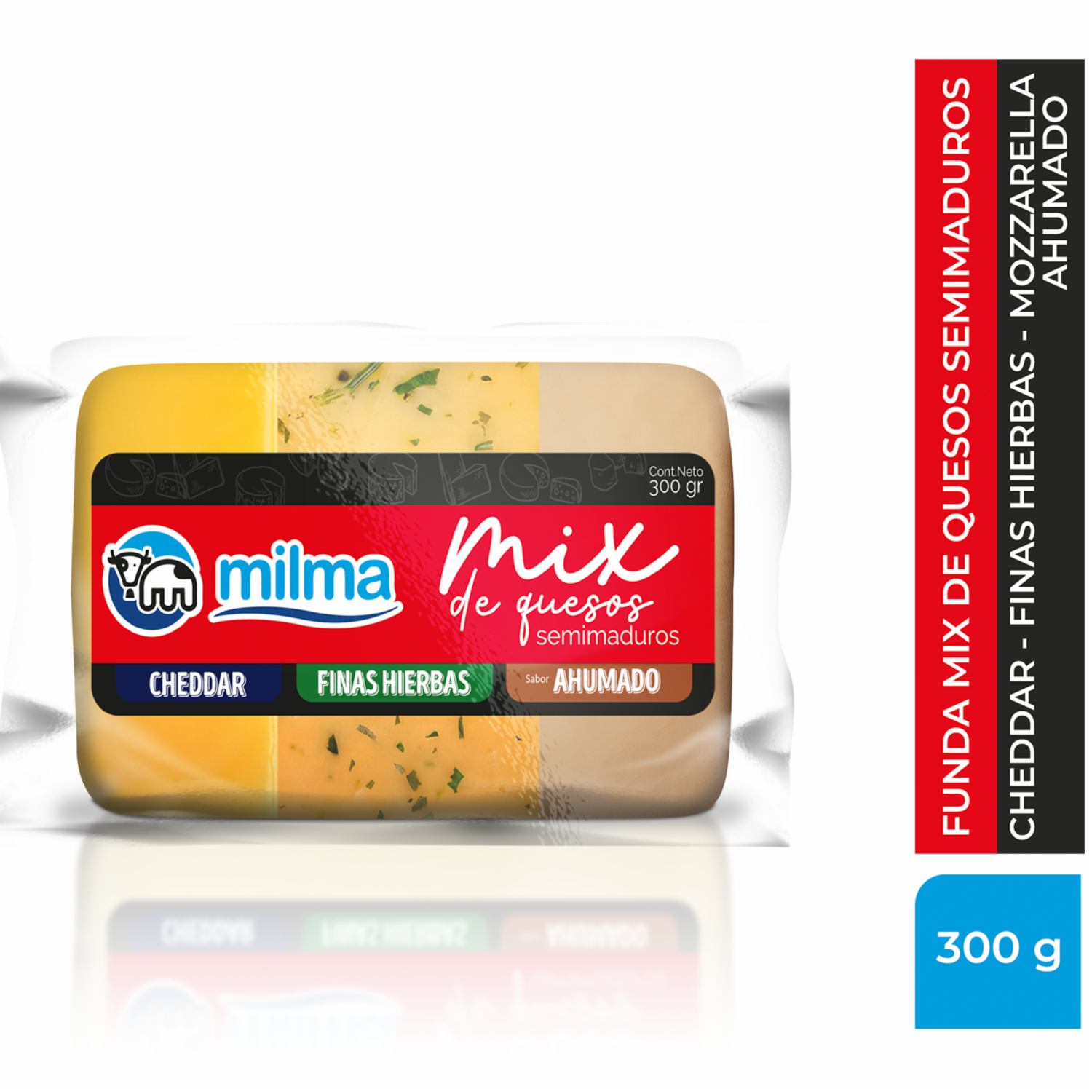 Mix De Quesos Semimaduros Cheddar Finas Hierbas Y Mozzarella Ahumado MILMA 300 G