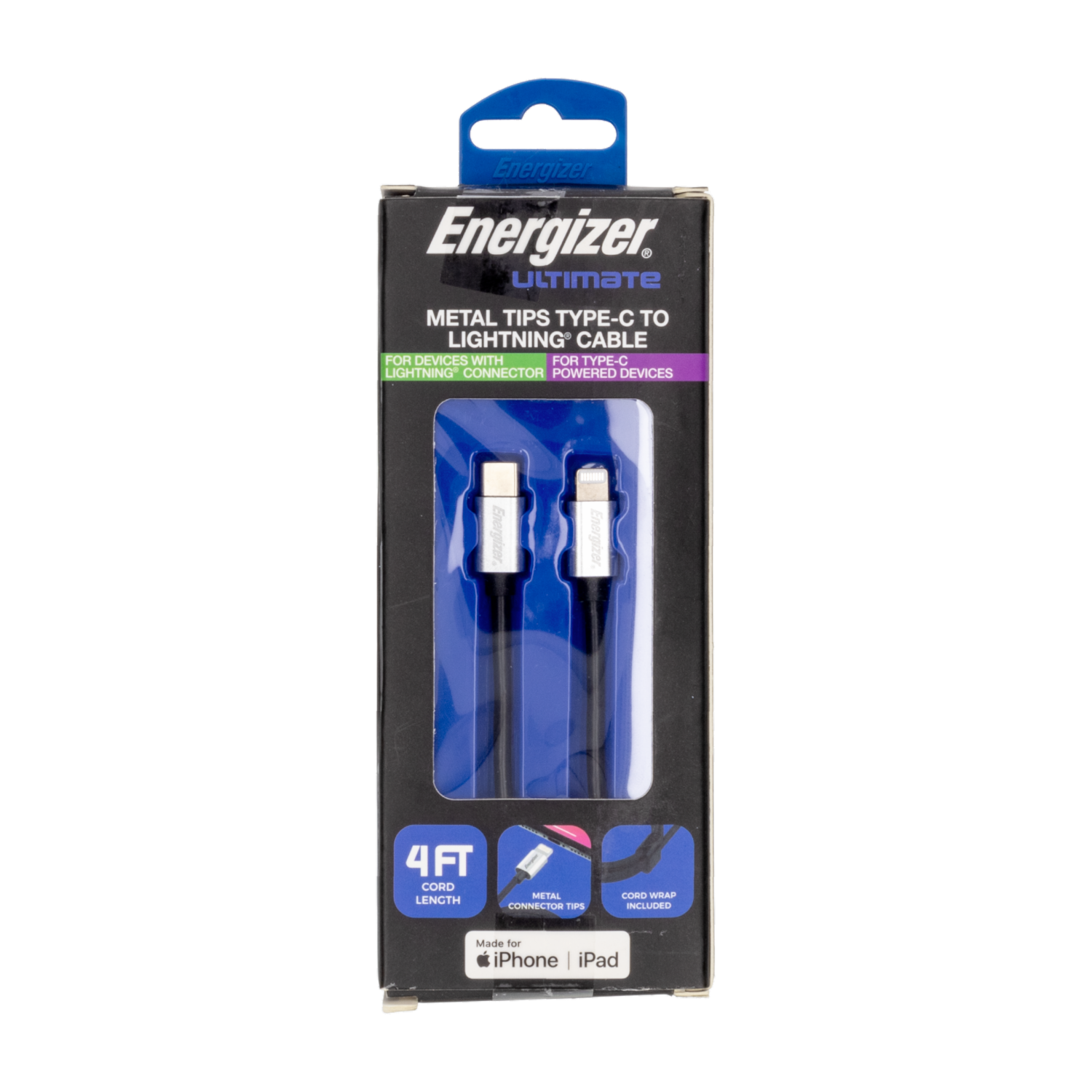 Cable Lightning Tipo C Puntas De Metal Negro ENERGIZER 122 Cm